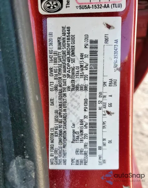 2013 Ford Fiesta Se z USA, uszkodzony, nr VIN 3FADP4BJ8DM185448